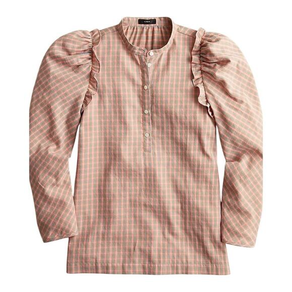 J.Crew Puff Sleeve Flannel Top Ruffle Accent Field Check Mauve Pink Size Small - Picture 1 of 7
